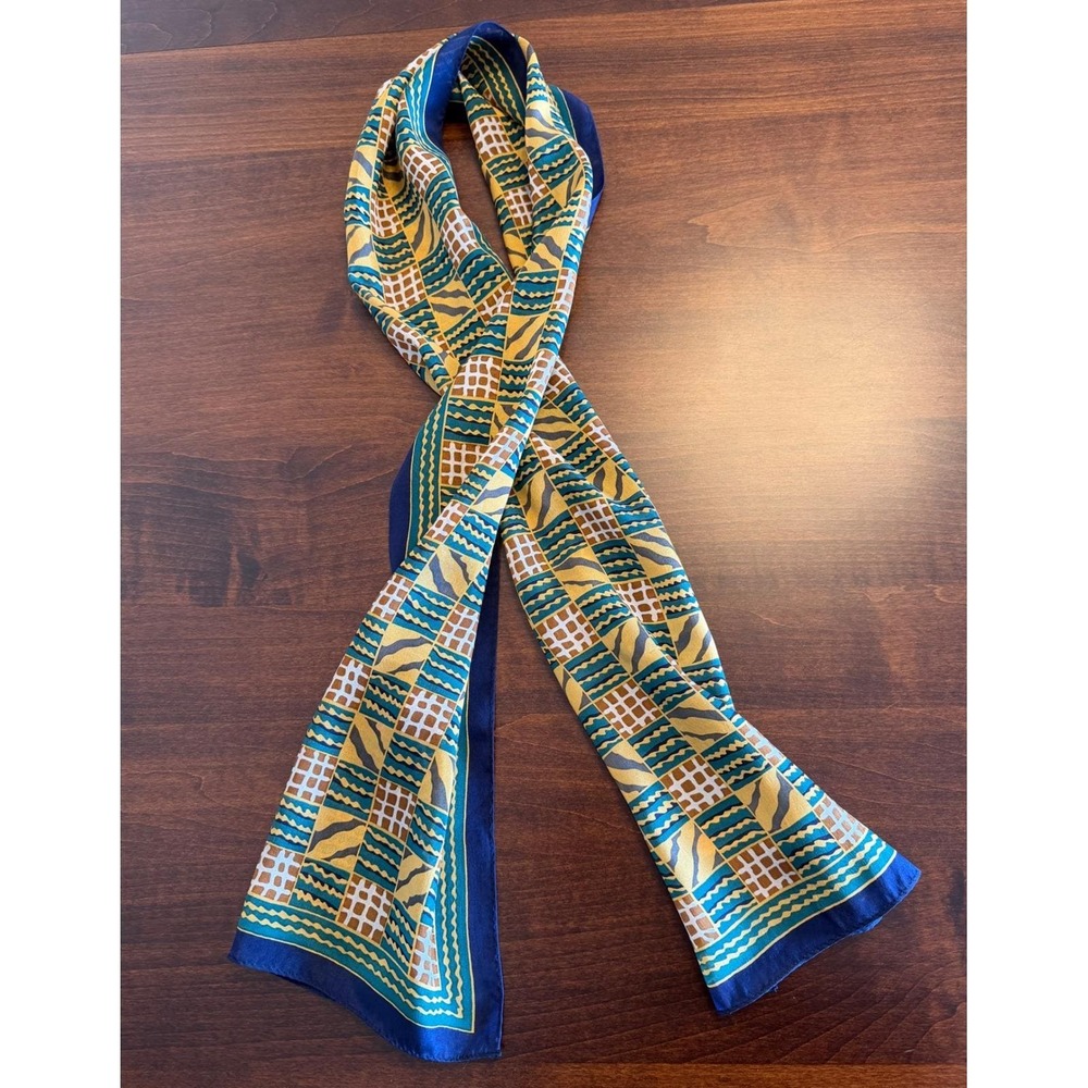 Vintage 80s ACUTE Silk‎ Scarf Navy Gold Geometric Animal Op Art Power Dressing